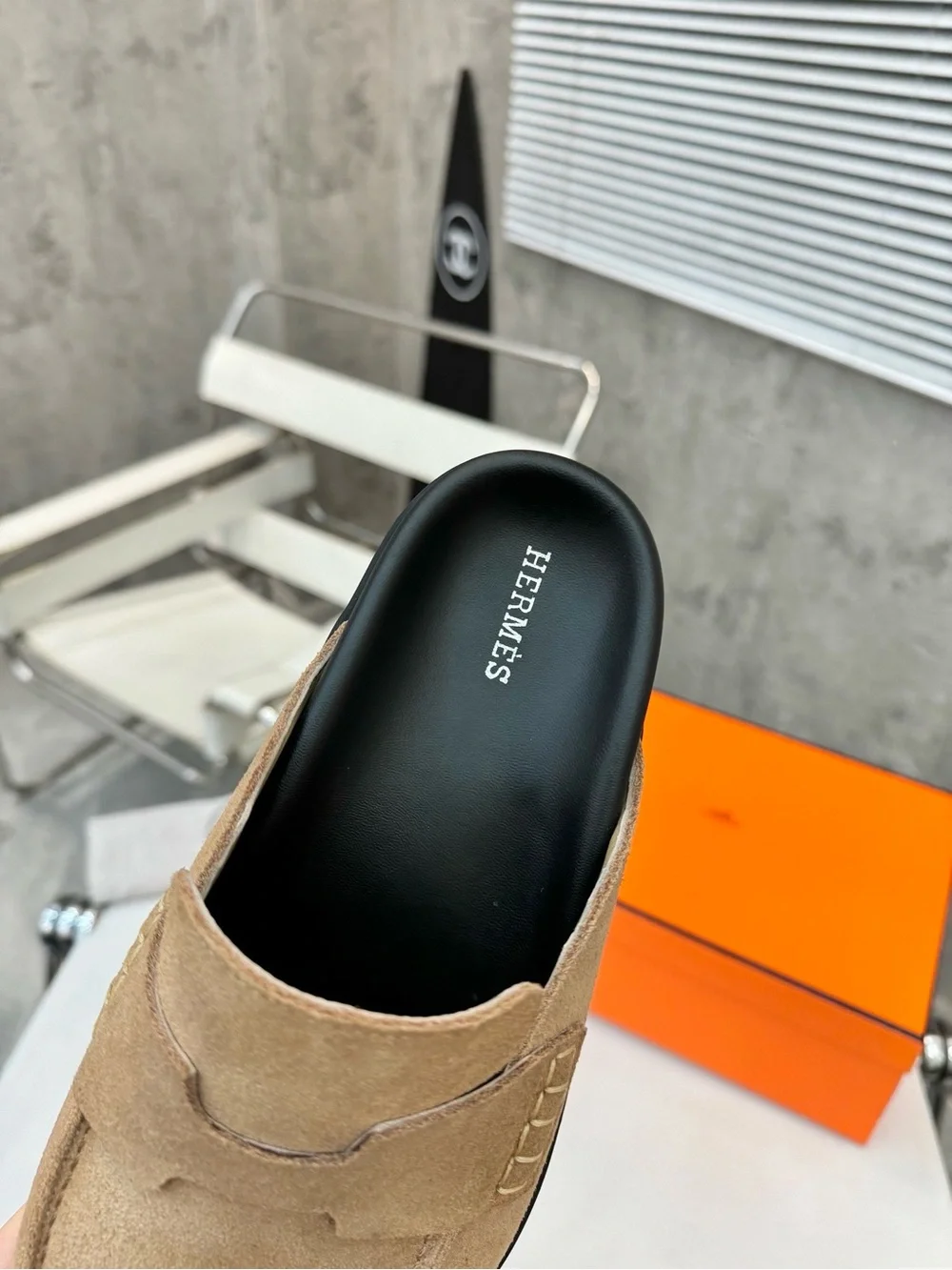 Hermes Men’s Beige Suede Slip-On Loafers with Black Insoles